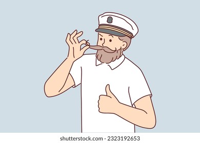 Man cruise ship captain fixes mustache and gives thumbs up suggestion to go on joint trip. Mature yacht owner stands in white t-shirt and captain hat before embarking on adventure around world