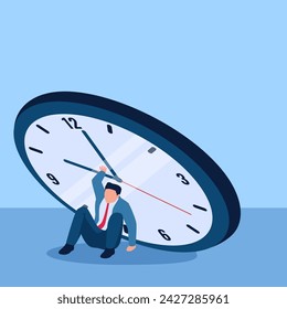 Man crushed by a large clock, a metaphor for time pressure. Simple flat conceptual illustration.