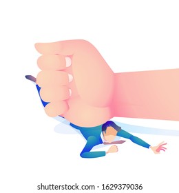 A man crushed by a large hand.