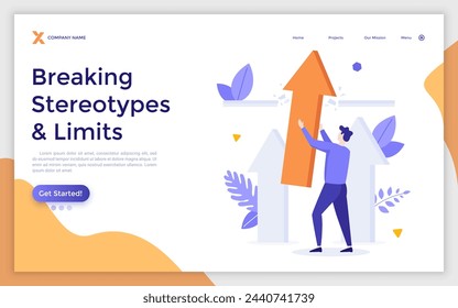 Man crushing ceiling by upward arrows. Concept of breaking limits, exceeding boundaries, overcoming obstacles, business progress and development. Modern flat vector illustration for landing page