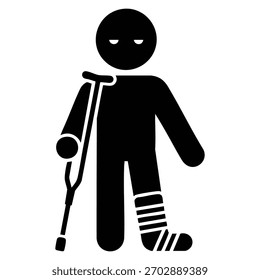 Homem com crutch plana ícone vetor ilustração preto e branco estilo isolado design perfeito para reabilitação de deficiência de cuidados de saúde ou acessibilidade temático arte