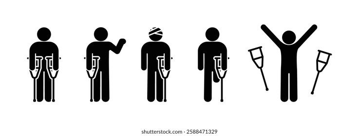 man with crutch, injury icon, person standing isolated on transparent, stick figure stickman, human silhouette