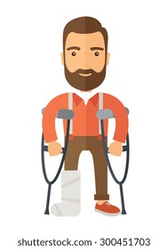 A Man with crutches and broken bone. A Contemporary style. Vector flat design illustration isolated white background. Vertical layout
