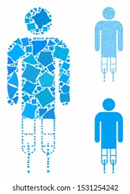 Man crutches composition of raggy items in different sizes and color hues, based on man crutches icon. Vector unequal items are organized into collage. Man crutches icons collage with dotted pattern.