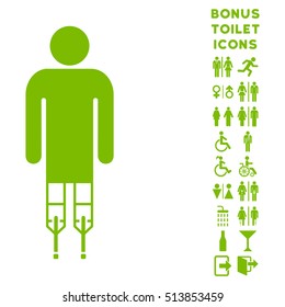 Man Crutches icon and bonus gentleman and lady WC symbols. Vector illustration style is flat iconic symbols, eco green color, white background.
