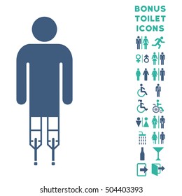 Man Crutches icon and bonus man and woman WC symbols. Vector illustration style is flat iconic bicolor symbols, cobalt and cyan colors, white background.