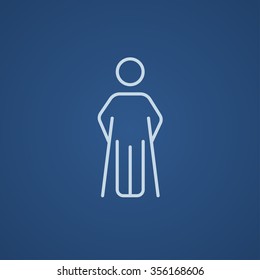 Man with crutches line icon for web, mobile and infographics. Vector light blue icon isolated on blue background.