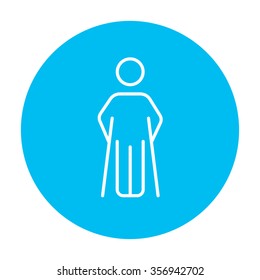 Man with crutches line icon for web, mobile and infographics. Vector white icon on the light blue circle isolated on white background.