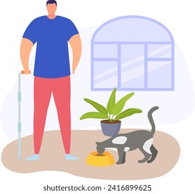 Man with crutches standing next to feeding cat indoors. Recovery, pet care, comfortable home environment vector illustration.
