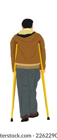 Man with crutches vector illustration isolated on white background. Boy walking with stick. Health care activity after car crash injury. Strong will person nursing in hospital. Insurance concept.