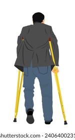 Man with crutches vector illustration isolated on white background. Disabled senior walking with stick. Health care activity after car crash injury. Strong will person nursing in hospital. Insurance. 