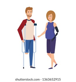 man in crutches with woman with prosthesis