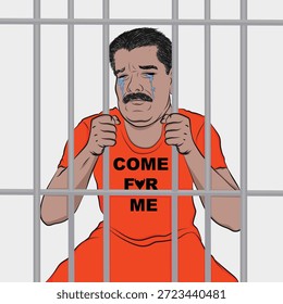 Hombre llorando tras las rejas, uniforme de prisionero.
