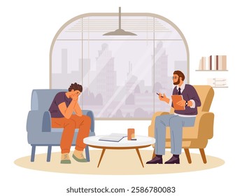 Man crying during psychological therapy session at psychologist's office flat vector illustration. Psychologist with patient in the interior.