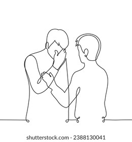 man is crying or holding back his tears and the other one is comforting him - one line art vector. concept male support, emotional intimacy