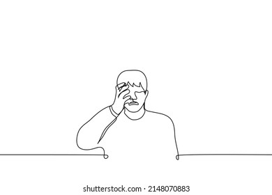 hombre llorando sosteniendo su cara - un vector de dibujo de una línea. el concepto de llanto desesperado, llanto de machos, histeria