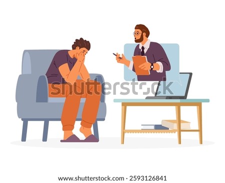 Man crying at home during online psychological therapy session flat vector illustration isolated on white. Man psychologist supporting his patient online.