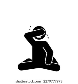 man crying icon over white background, silhouette style, vector illustration, stick figure pictogram 

