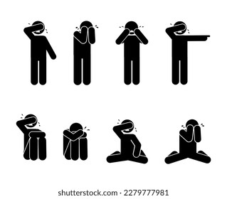 man crying icon over white background, silhouette style, vector illustration, stick figure pictogram 

