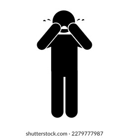 man crying icon over white background, silhouette style, vector illustration, stick figure pictogram 

