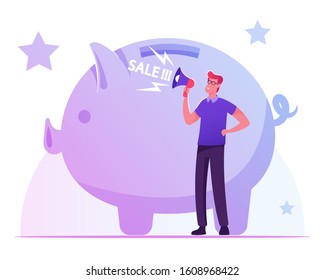 Man Crying to Loudspeaker near Huge Piggy Bank Calling Customers for Total Sale in Store. Shopping Promotion, Announcement, Advertising and Loyalty Program Concept. Cartoon Flat Vector Illustration