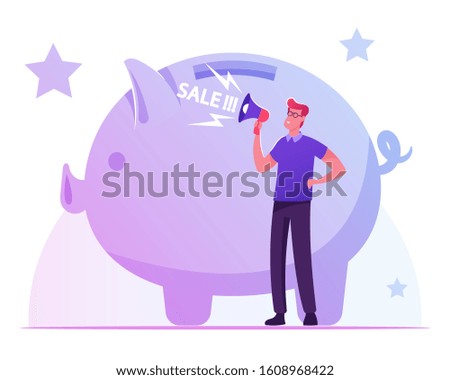 Man Crying to Loudspeaker near Huge Piggy Bank Calling Customers for Total Sale in Store. Shopping Promotion, Announcement, Advertising and Loyalty Program Concept. Cartoon Flat Vector Illustration