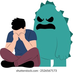 A man is crying and a monster is behind him