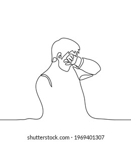 man crying - one line drawing. concept man wipes sweat from his forehead or tears, guy closes his eyes