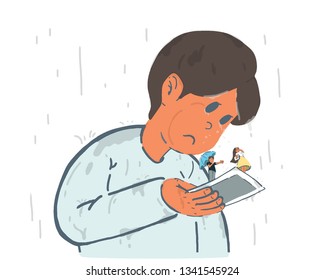 A man crying with a picture of a broken lover. hand drawn style vector design illustrations. 