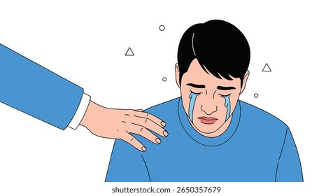 Man crying receives comfort and reassurance from a friend's supportive touch