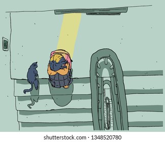 A man crying sitting on the dark stairs. Lonesome atmosphere hand drawn style vector design illustrations. 