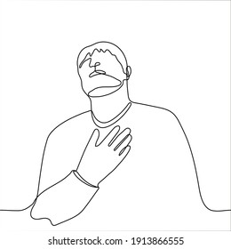 man crying, sobbing, roaring - one line drawing vector illustration. the man threw his head back, opened his mouth and grabbed his chest.