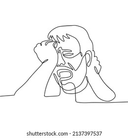 Man crying, sobbing, roaring - one continuous line drawing. Man opened his mouth and grabbed his forehead. Sorrow, Grief, Misfortune concept. Vector linear hand drawn illustration.