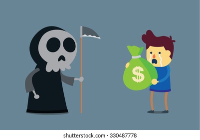A man crying  and try to bribing angel of dead with many money for buy life. But he can't do it. This illustration about health care concept and make money