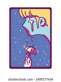 A man crying and a man wearing an umbrella under falling tears. hand drawn style vector design illustrations.