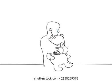 man crying while hugging a teddy bear - one line drawing. concept psychological session, "inner child" of an adult, loneliness, loss of a child, grief and resentment 