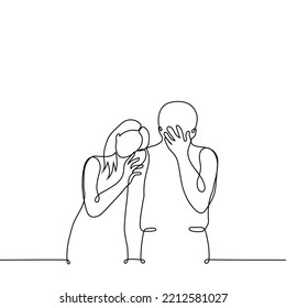 man crying and woman leaning against him comforting - one line drawing vector. concept mourn grief or misfortune, moral support of loved ones