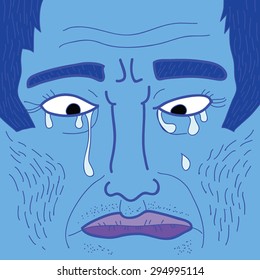 Man crying.Close up old man face. Unshaven, wrinkled face. People in stress.Grief. Man in blue. Depression. Grief. Vector illustration. Eps 10.