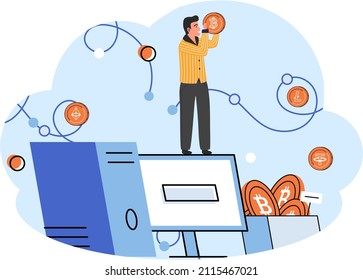 Man crypto trader works with laptop. Cryptocurrency investing platform. Bitcoin stock exchange online payments, digital currency transactions. money in digital space, stored in an electronic wallet