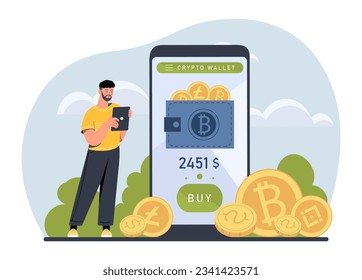 Man with crypto wallet concept. Young guy with smartphone. Blockchain technology and electronic money. Investing and trading, economics. Character with bitcoin. Cartoon flat vector illustration