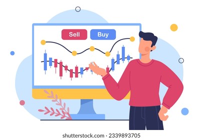 Man with cryptocurrency trading concept. Young guy near graphs and diagrams. Infographics and data visualization. Economy and trading, financial literacy. Cartoon flat vector illustration