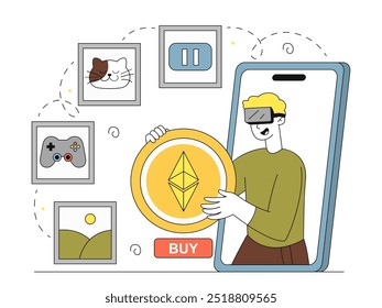 Man with cryptocurrency. Young guy with bitcoin or litecoin. Trader with blockchain technology. Trading and investing, economy. Linear vector illustration isolated on white background