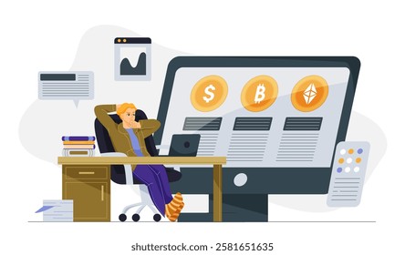 Man with cryptocurrency. Young guy near computer screen with currency. Bitcoin and Ethereum, blockchain technologies. Investing and trading, economics. Flat vector illustration