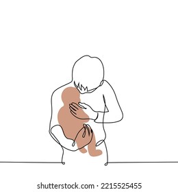 man cuddles baby - one line drawing vector. concept father or male guardian carefully holds the baby