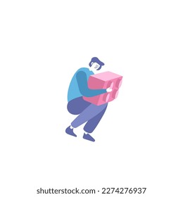 Man cuddling construction block in dreams. Boy in pajama hugging a building brick while playing games. Dreaming of toys for grown-up boys
