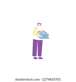Man cuddling construction block in dreams. Boy in pajama hugging a building brick while playing games. Dreaming of toys for grown-up boys