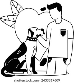 Hombre abrazando al perro diseño vectorial, cuidado de mascotas o sentado Símbolo, abordaje y entrenamiento de animales Signo, mamíferos e ilustración de amistad humana, Perro sosteniendo el hueso y de pie con el concepto de comunicador