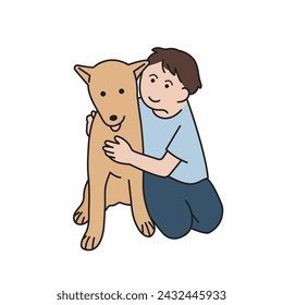 a man is cuddling his adorable dog. cartoon style vector illustration