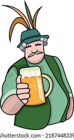 Man with cup of beer on Oktoberfest, is dressed with waistcoat,
 t-shirt and hat with feathers