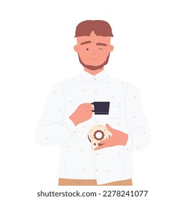 Man with cup of coffee and donut. Snack time, tea break, warm drink vector illustration